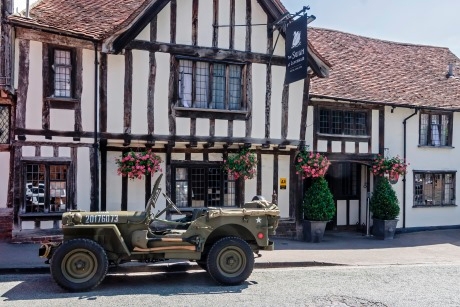 Vintage 1940s Weekend Revealed For Lavenham %7C Group Travel News %7C 1940s vehicle outside the Swan at Lavenham Hotel %26 Spa preparing for 75th anniversary vintage events %7C credit Ian Stolerman
